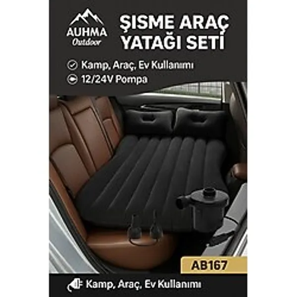 Araba Arka Koltuk Şişme Yatak Oto Kamp Seyahat Yatağı Pompa Yastık Tamir Setli Siyah