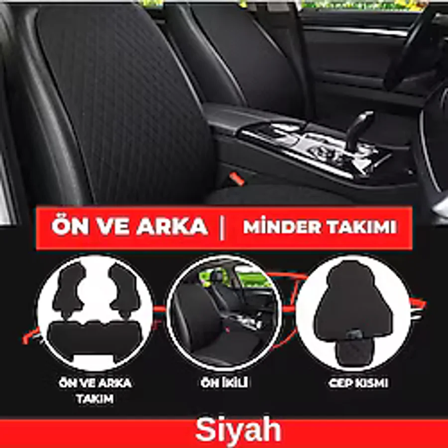 Araba Koltuk Minderi Kumaş Üçlü Koltuk Minderi Terletmez Ergonomik Siyah Siyah