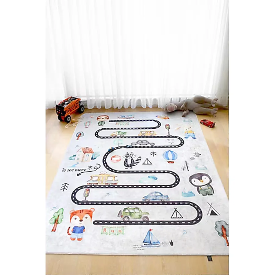 Araba Yolu 160x200 cm Oyun Matı Bebek Ve Çocuk Halısı Gri