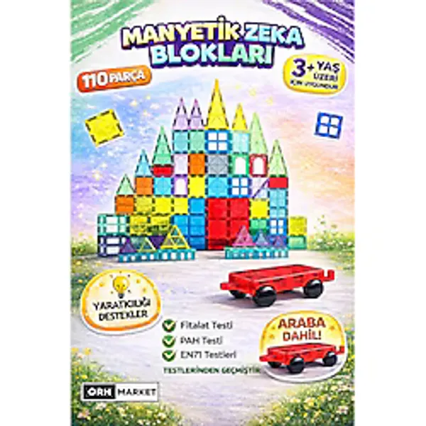 Arabalı 110 Parça 7.5 cm Büyük Boy Manyetik Blok Seti Güçlü Mıknatıslı Zeka Geliştirici Eğitici Oyuncak