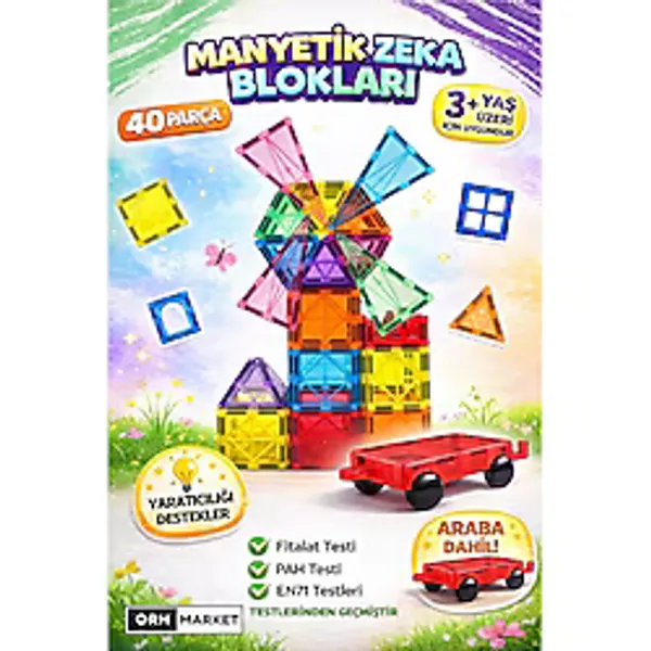 Arabalı 40 Parça 7.5cm Büyük Boy Manyetik Blok Seti Güçlü Mıknatıslı Zeka Geliştirici Eğitici Oyuncak