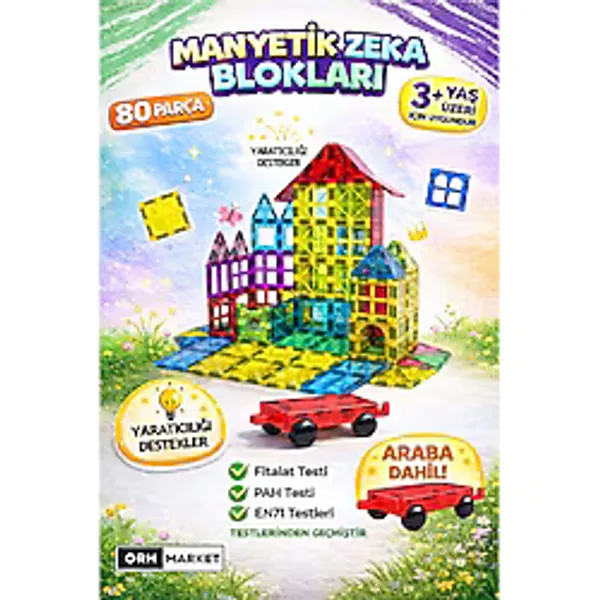 Arabalı 80 Parça 7.5cm Büyük Boy Manyetik Blok Seti Güçlü Mıknatıslı Zeka Geliştirici Eğitici Oyuncak