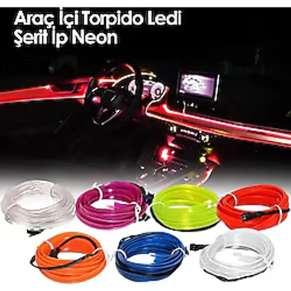 Araç Araba İçi Torpido Ledi Renkli İp Neon İp Led 2 Metre