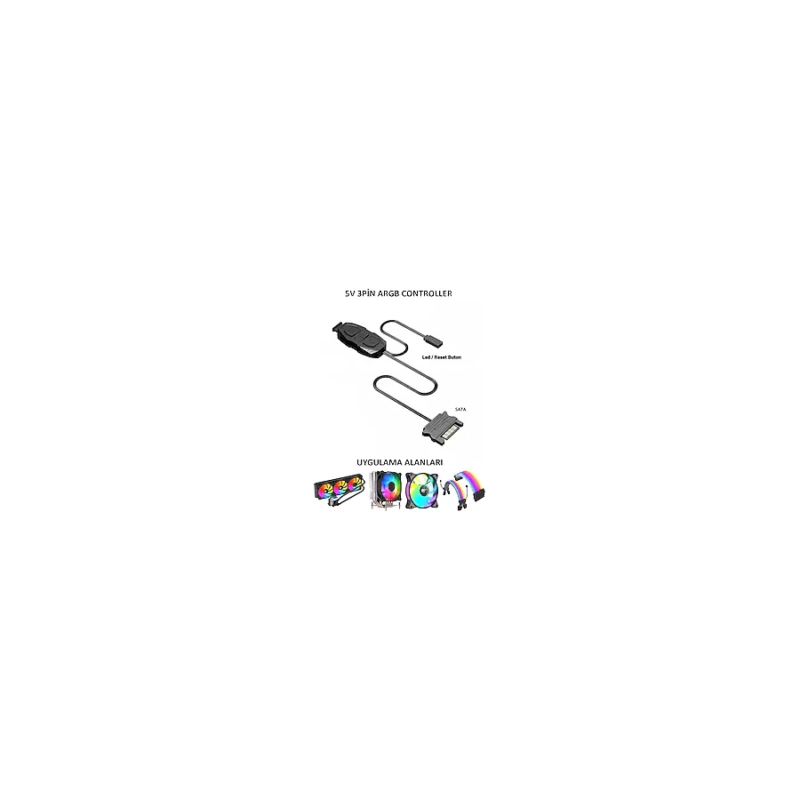 Archon ARGB Kontrolcü Kumanda 5v 3Pin SATA Dönüştürücü ARGB Denetleyici Kablo + Reset Bağlantılı