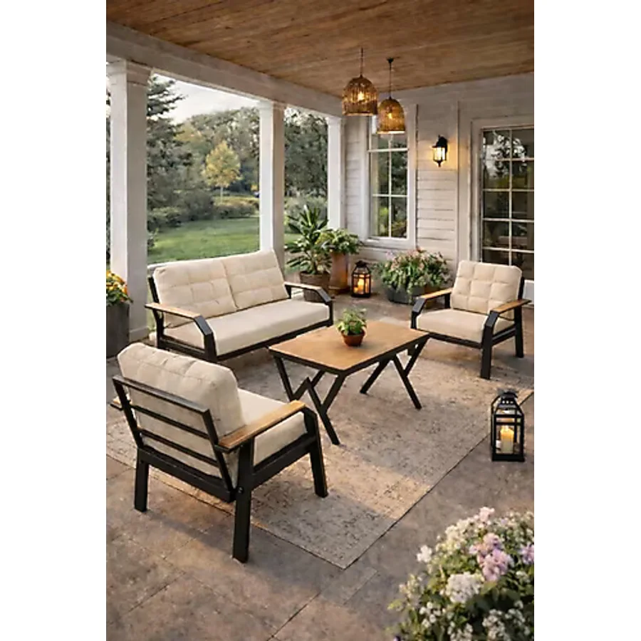Ard & Garden Kavacık 2+1+1 Masalı Gri Bahçe Oturma Takımı Balkon, Teras, Veranda, Minderli Metal Koltuk Takımı