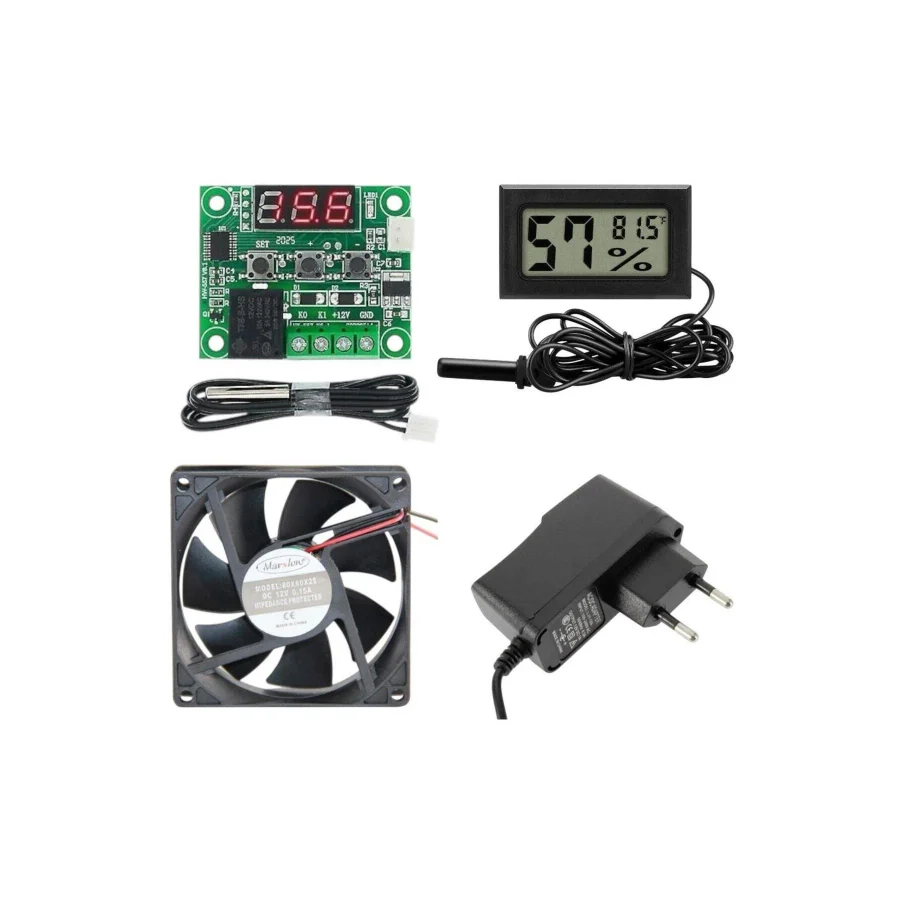 Arduino Kuluçka Makinesi Seti - 4 Parça - W1209 Termostat 12V - Isı Nem Ölçer - 12V Adaptör - 80x80 12V Fan