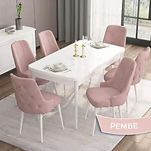 Are Serisi, Mdf 80X132 Açılabilir Beyaz Yemek Odası Takımı, 6 Sandalye Gold Halkalı - 80 x 132 cm - Pembe