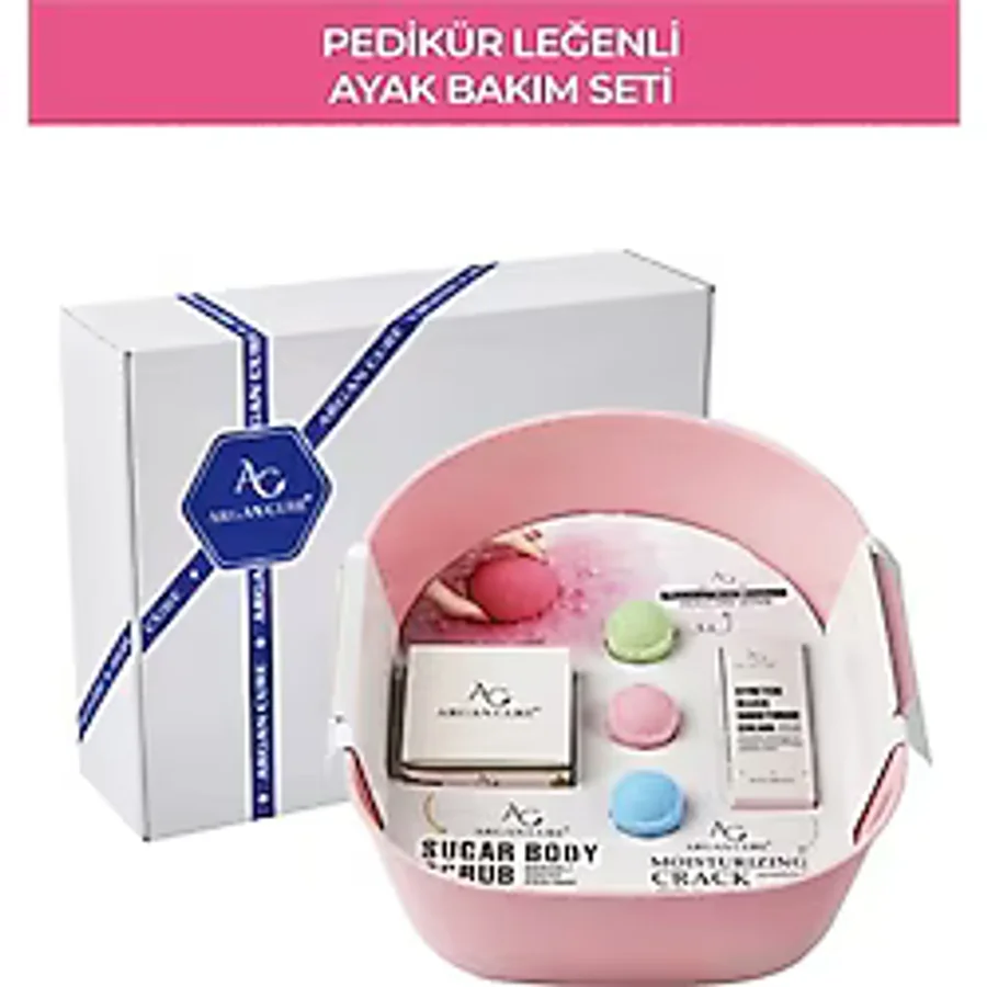 Argan Cure Yenileyen Ayak Bakım Seti Pembe Pedikür Leğeni Şekerli Peeling Çatlak Kremi
