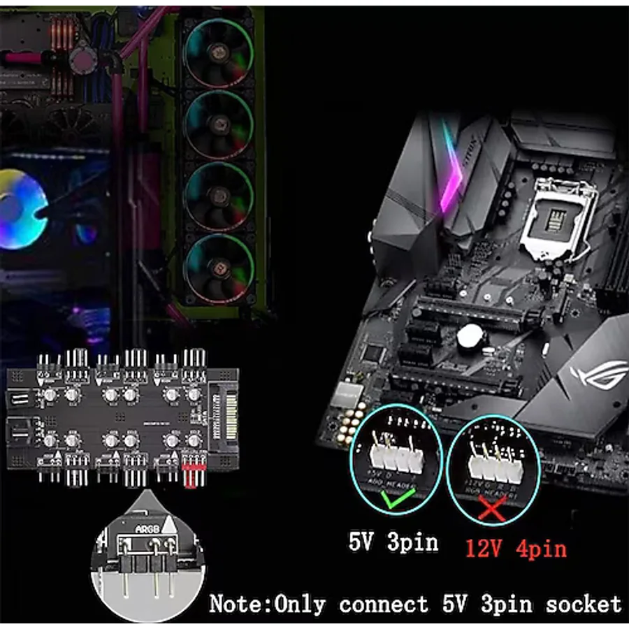 ARGB ve PWR denetleyici Hub 6 port 12V 4Pin Fan ve 5V 3Pin RGB fan kontrol