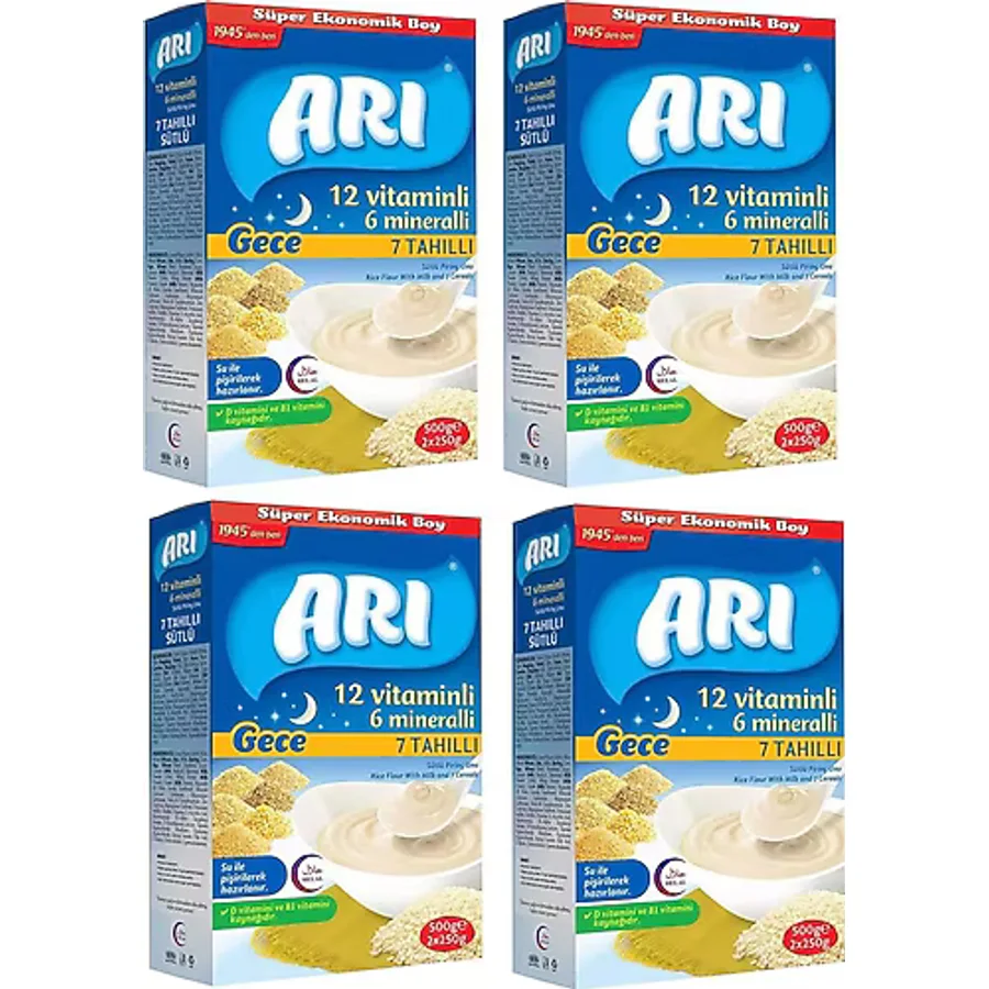 Arı Mama 12 Vitaminli 6 Mineralli 7 Tahıllı Gece Sütlü Pirinç Unu 500 gr 4 Adet