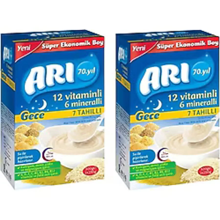 Arı Mama 12 Vitaminli 6 Mineralli 7 Tahıllı Gece Sütlü Pirinç Unu Kaşık Maması 500 gr 2 Adet