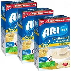 Arı Mama 12 Vitaminli 6 Mineralli 7 Tahıllı Gece Sütlü Pirinç Unu Kaşık Maması 500 gr 3 Adet