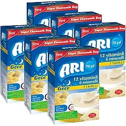 Arı Mama 12 Vitaminli 6 Mineralli 7 Tahıllı Gece Sütlü Pirinç Unu Kaşık Maması 500 gr 6 Adet