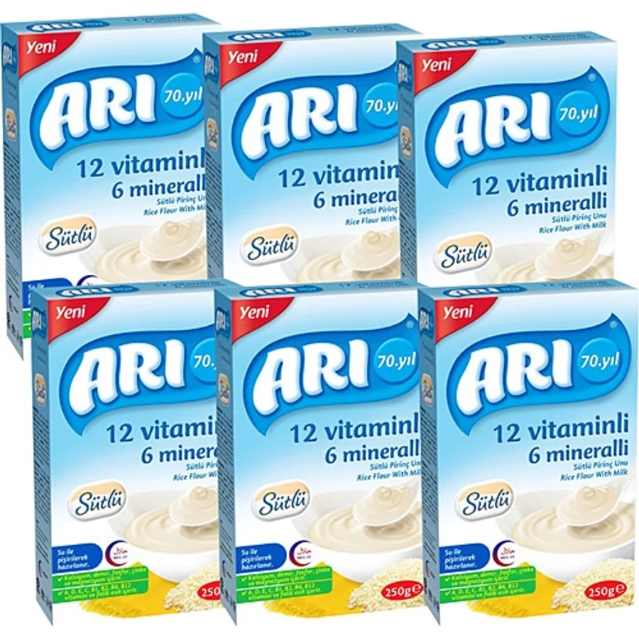 Arı Mama 12 Vitaminli 6 Mineralli Sütlü Pirinç Unu Kaşık Maması 250 gr 6 Adet