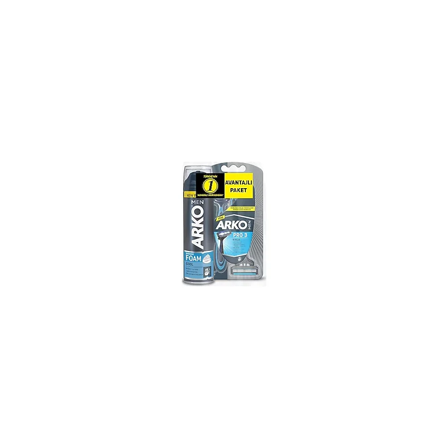 Arko Men Men T3 Pro 3 Bıçaklı Tıraş Bıçağı 3'lü & Cool Tıraş Köpüğü 200 ml Avantaj Paketi