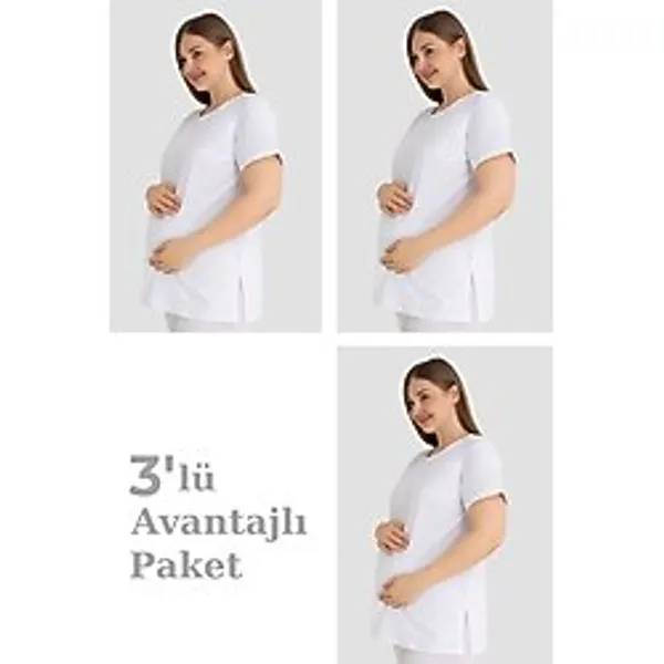 Arma Yıldız Pamuklu Kısa Kollu Hamile Tişört Beyaz 3'lü Paket - Yumuşak ve Rahat Hamile Giyim