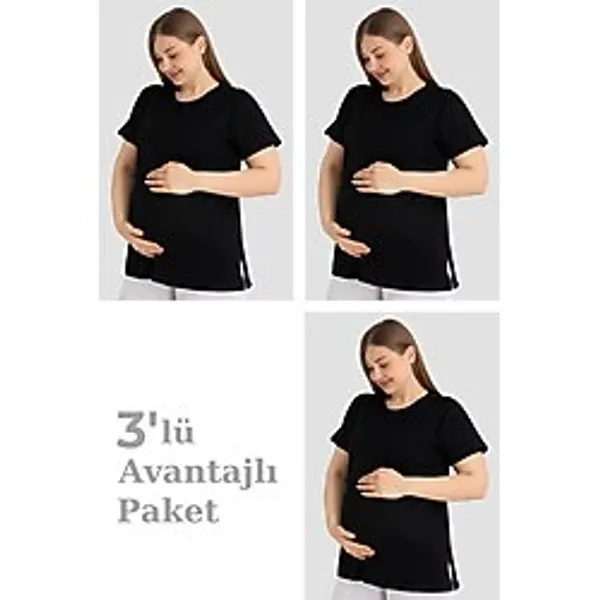 Arma Yıldız Pamuklu Kısa Kollu Hamile Tişört Siyah 3'lü Paket - Yumuşak ve Rahat Hamile Giyim