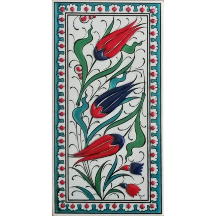 Armada Çini 10x20 Cm ED 215 Turkuaz Üç lale El dekoru Çini Karo