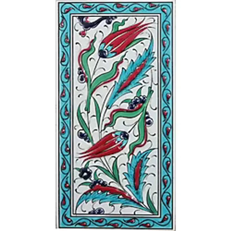 Armada Çini 10x20 Cm ED 227 Turkuaz Çerçeveli iki Lale El dekoru Karo