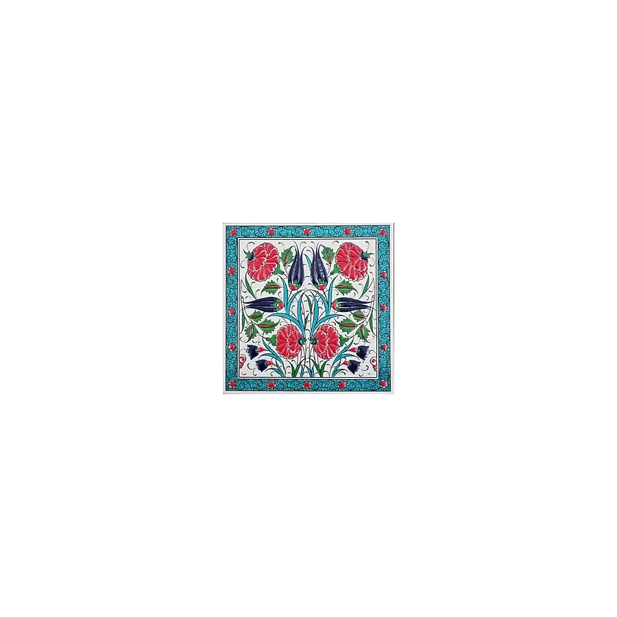 Armada Çini 20x20 Cm ED 306 Turkuaz Lale Karanfil El dekoru Çini Pano