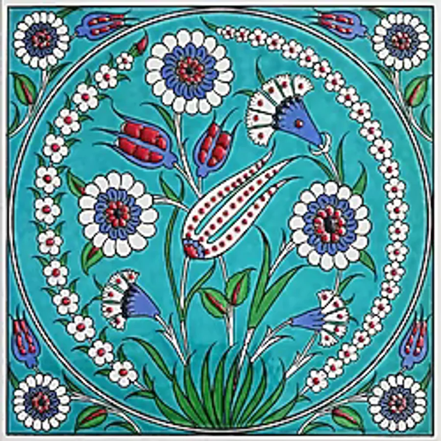Armada Çini 20x20 Cm ED 339 Turkuaz Lale Desenli Eldekoru Çini karo