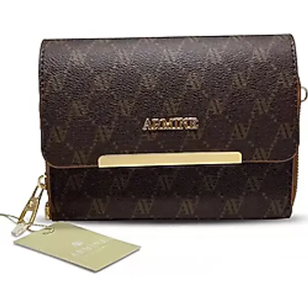 Armine 381 Kadın Monogram Baskılı Gold Metal Detaylı Çapraz Askılı Cüzdan Çanta Portföy - Kahverengi