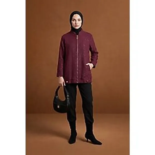 Armine Trend Fermuar Detaylı Taş Süslemeli Cepli Uzun Tesettür Ceket 25KT507 - 42 - Bordo