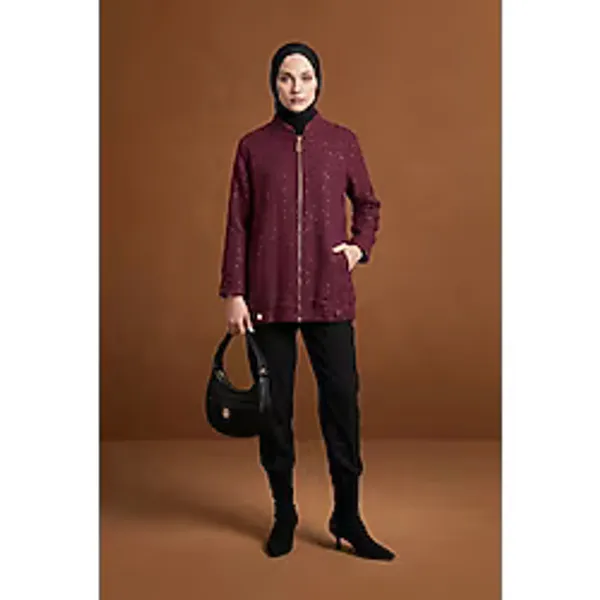 Armine Trend Fermuar Detaylı Taş Süslemeli Cepli Uzun Tesettür Ceket 25KT507 - 44 - Bordo