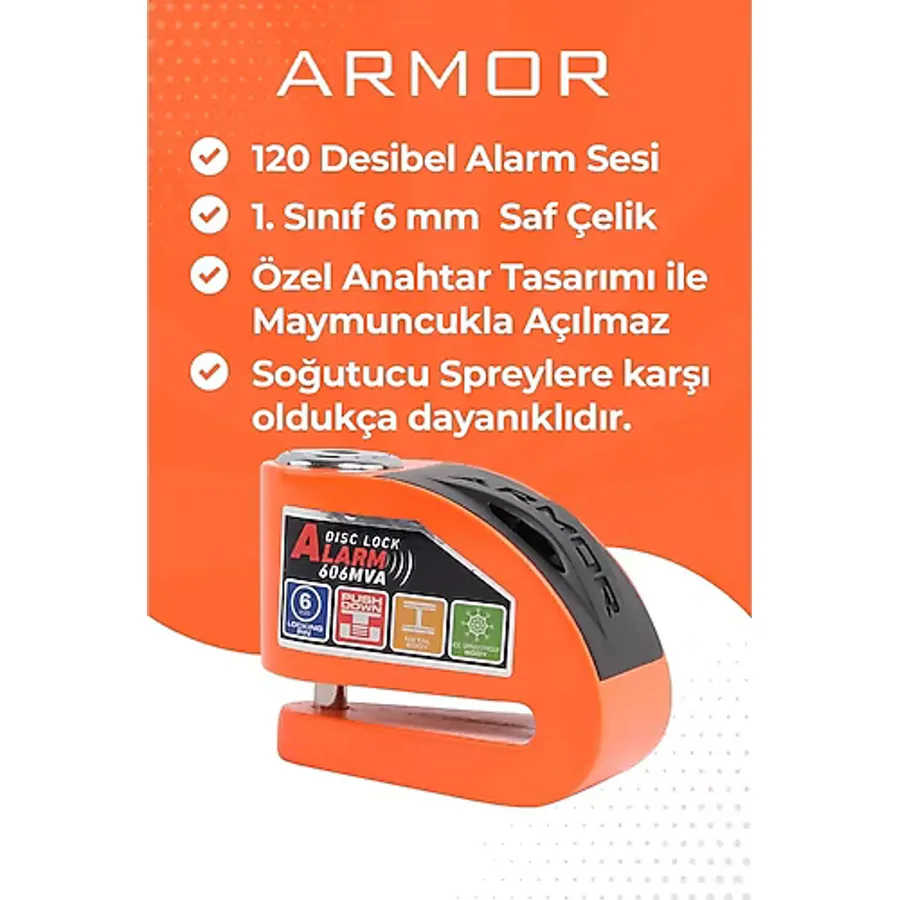 Armor 606mva 6 Mm 120 Desibel Paslanmaz Çelik Alarmlı Disk Kilidi (HATIRLATMA KABLOSU HEDİYE)
