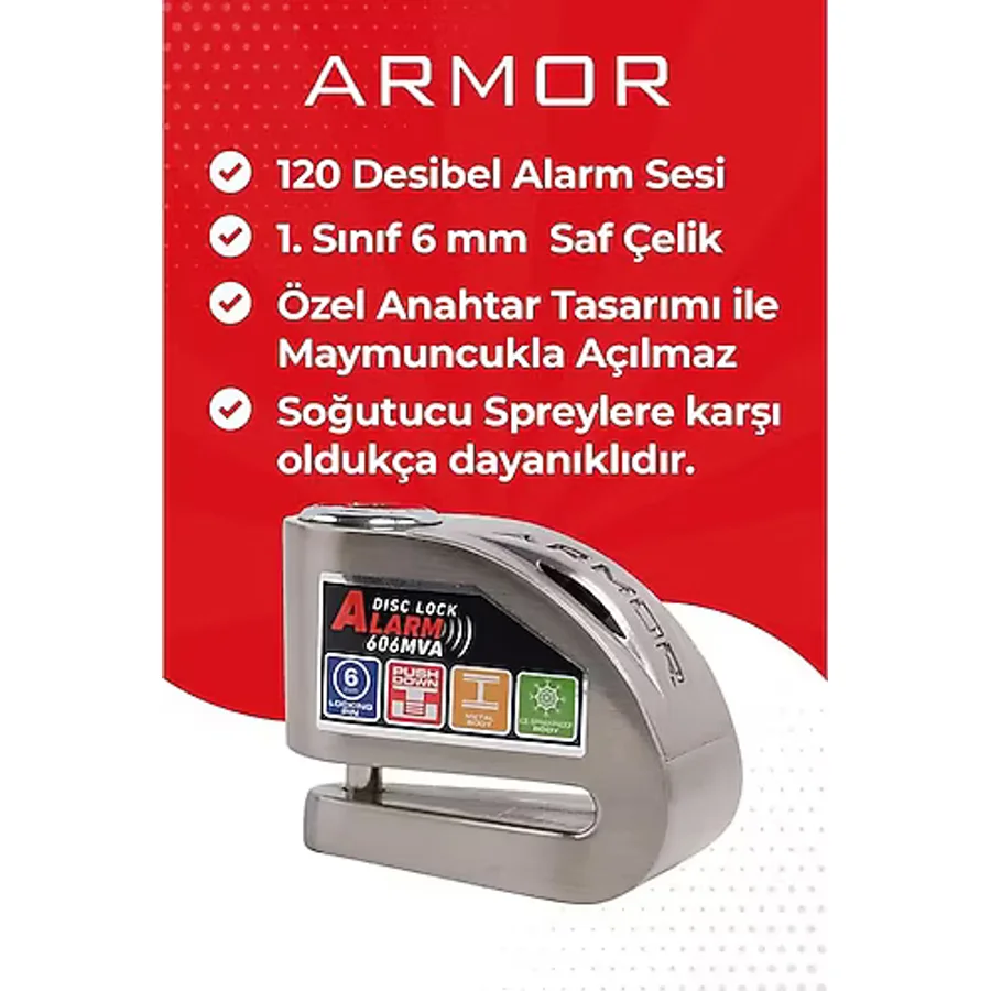 Armor Alarmlı Motorsiklet Disk Kilidi Çelik Gövde 606 Mva 6Mm-İnox