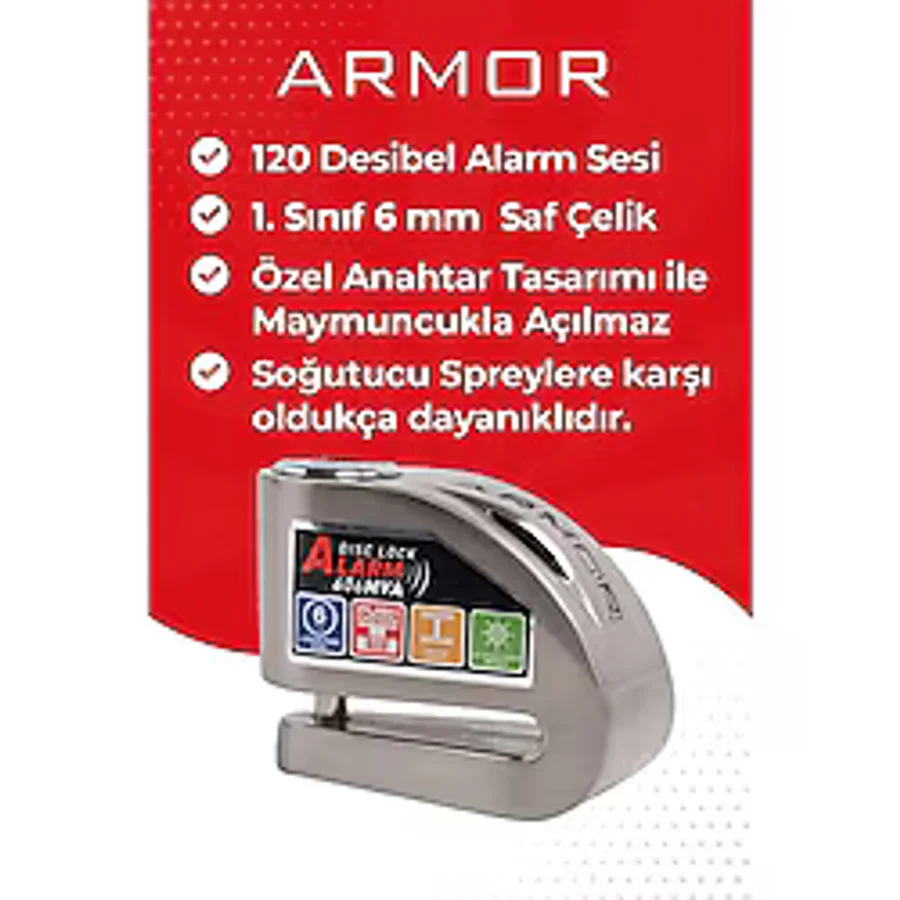 Armor Alarmlı Motorsiklet Disk Kilidi Çelik Gövde 606 Mva 6Mm-İnox