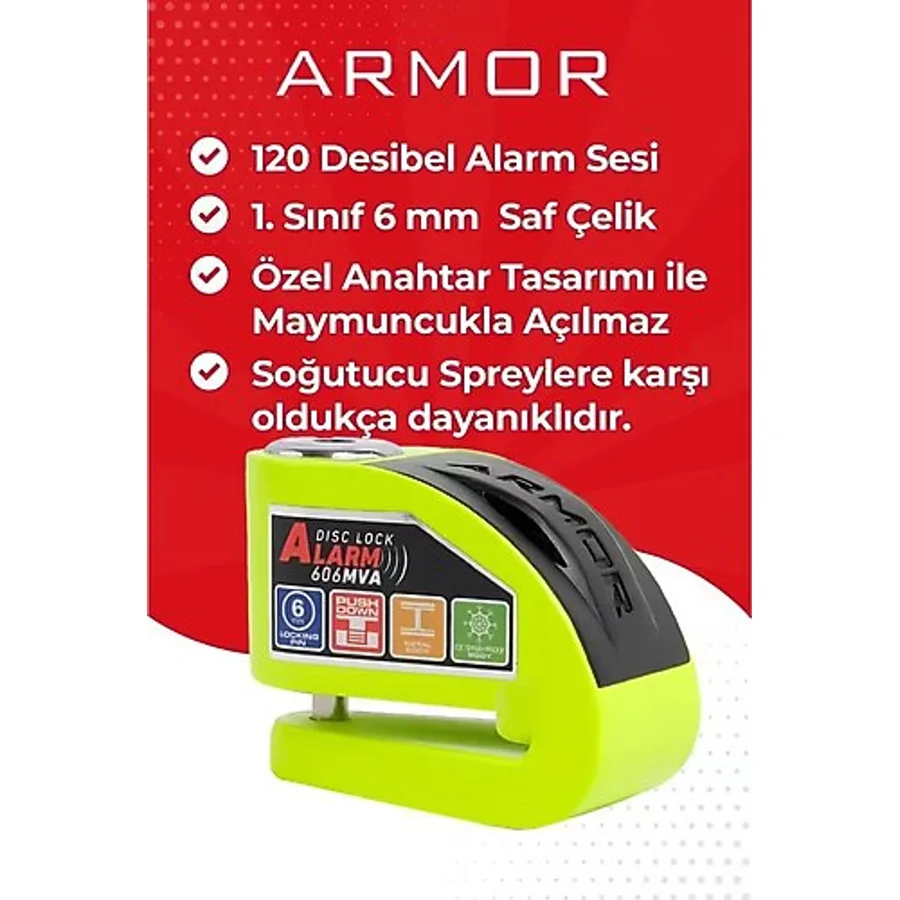 Armor Alarmlı Motorsiklet Disk Kilidi Çelik Gövde 606 Mva 6Mm-Yeşil