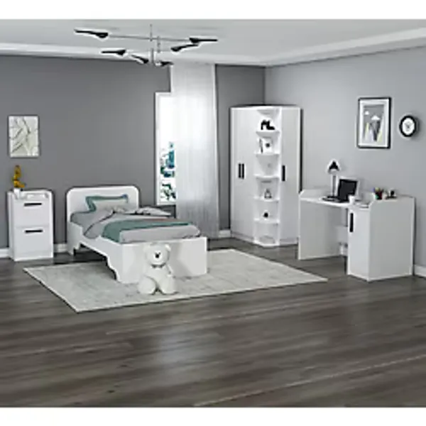 Arnetti Luses Genç Odası Takımı Beyaz Gardırop Çalışma Masası Komodin ve Karyola 4'lü Set