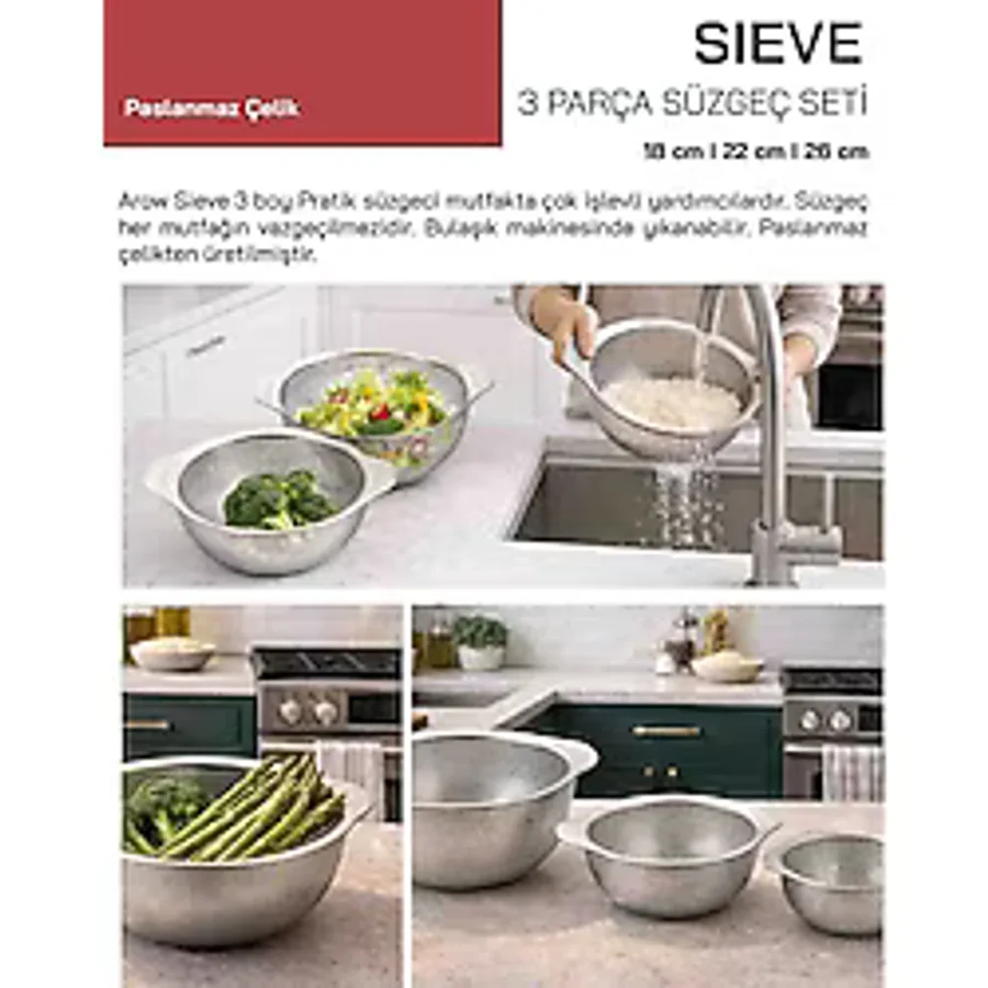 Arow Sieve 3 Parça Paslanmaz Çelik Süzgeç Seti TR-6665