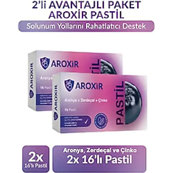 Aroxir Pastil Solunum Yollarını Rahatlatıcı ve Koruyucu Destek Aronya, Zerdeçal ve Çinko 2x16'lı Pastil