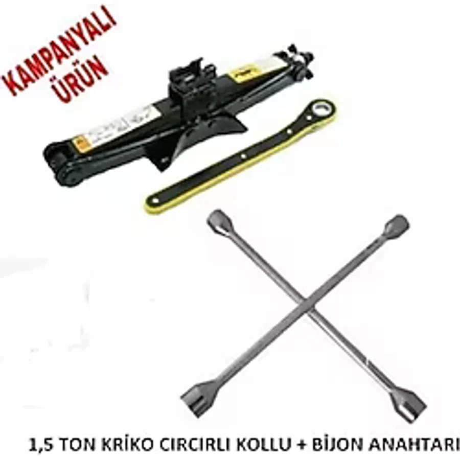 ARSVİSİON Araç Kaldırma Krikosu 1,5 Ton Kapasite Makas Cırcır Otomatik Kollu Kriko + 4 Lü Bijon Anahtarı