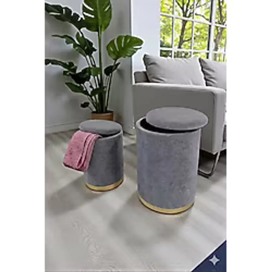 Arte Cotone 2'li Gri Kadife Kumaş Dekoratif Silindir Sandıklı Puf Seti