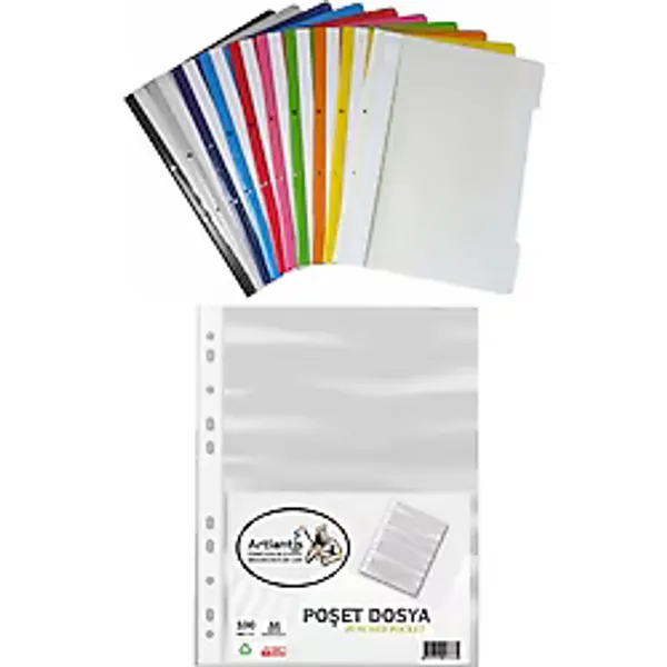 Artlantis 10 Renk Telli Dosya ve 100 Adet Poşet Dosya 1 Paket 10 lu Telli Dosya Poşet Dosya Okul Büro Ofis