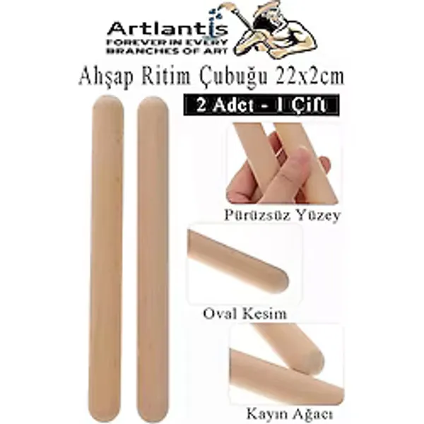 Artlantis Ahşap Ritim Çubuğu 2 Adet 1 Çift Okul Öncesi Eğitici Anaokulu Ritim Tokmağı Çubukları Çocuk Etkinlik Perkusyon Müzik Aleti - Naturel - Standart - 22 cm