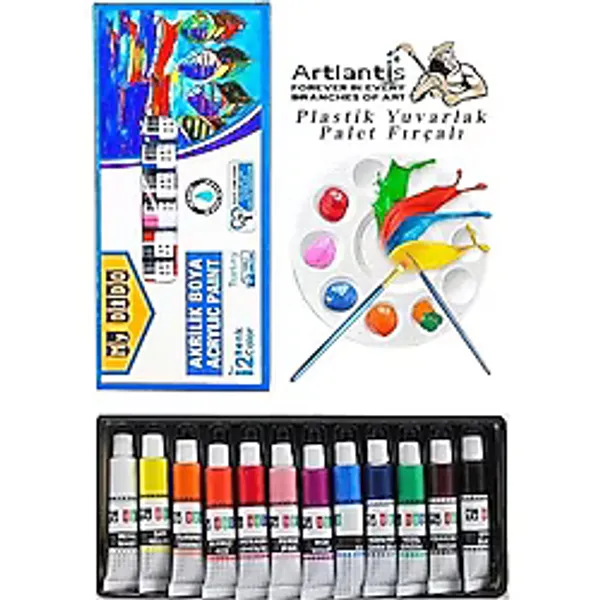 Artlantis Akrilik Boya Mydido 12 Renk 9 ml Tüp 1 Paket 12 Li Akrilik Boya Seti ve Yuvarlak Resim Paleti Fırçalı 1 Paket 10 Hazneli Boya Paleti Sanatsal Boyalar İçin Palet Akrilik Boya