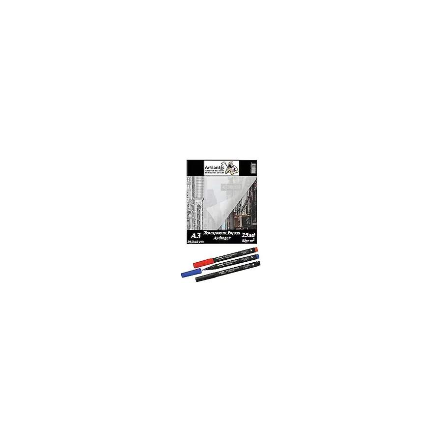 Artlantis Aydınger Kağıdı A3 83 gr 25'li 1 Paket Eskiz Kağıdı Lineplus Asetat Kalemi S 0.3 Siyah Kırmızı Mavi - Krem - Standart