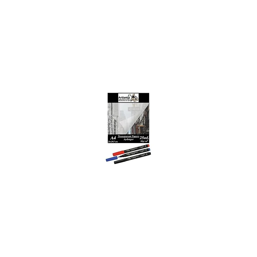 Artlantis Aydınger Kağıdı A4 83 gr 25'li 1 Paket Eskiz Kağıdı Lineplus Asetat Kalemi S 0.3 Siyah Kırmızı Mavi - Krem - Standart