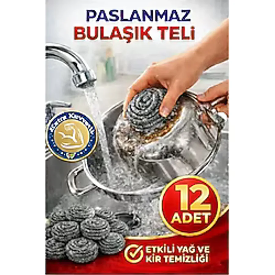 Artlantis Bulaşık Teli Ovma Teli 12 Adet Pratik Ekonomik Toptel Sürtme Teli Lavabo Mutfak Banyo Temizlik Teli Sert Yüzey İçin - Gümüş - Gri - Standart