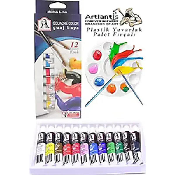 Artlantis Guaj Boya 12 Renk Monalisa 12 Ml Tüp 1 Paket 12 Li Guaj Boya Seti ve Yuvarlak Resim Paleti Fırçalı 1 Paket 10 Hazneli Boya Paleti Sanatsal Boyalar İçin Palet Guaj Boya