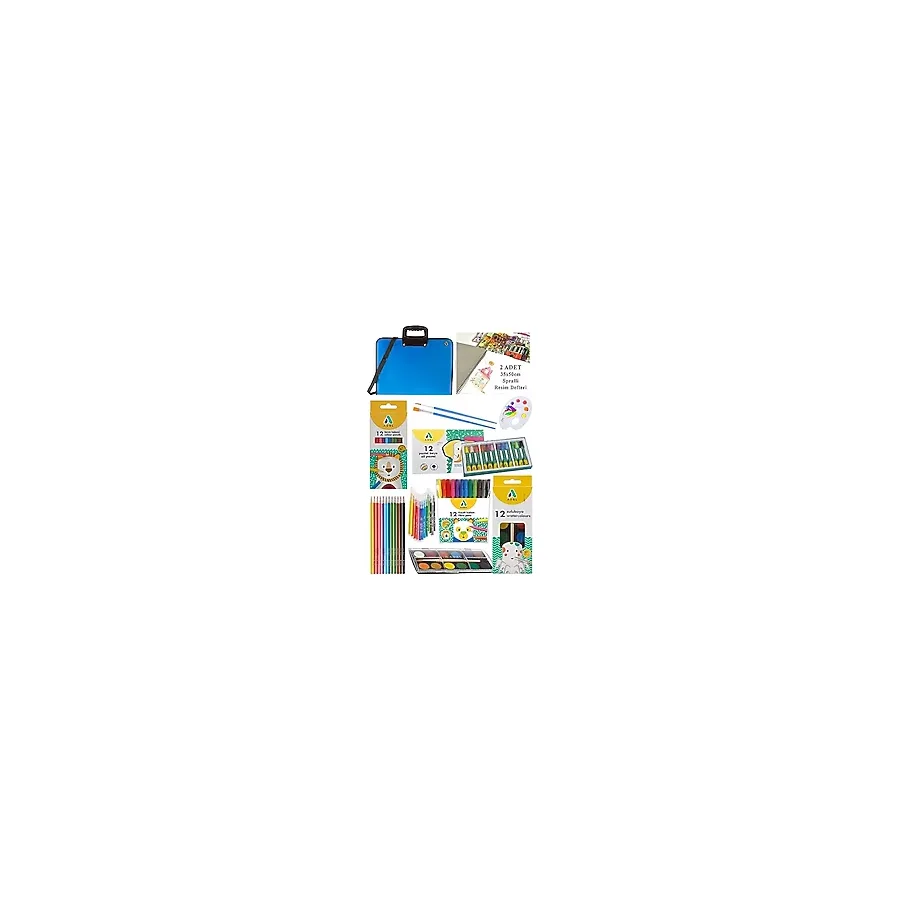 Artlantis Öğrenci Boyama Seti 10 Parça 1 Paket 35x50 Resim Çantası Resim Defter Adeli Sulu Boya Kuru Boya Pastel Boya Keçeli Kalem Mavi