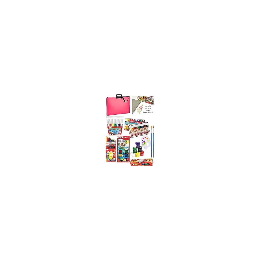 Artlantis Öğrenci Boyama Seti 11 Parça 1 Paket 35x50 Resim Çantası Resim Defter Fatih Sulu Boya Kuru Boya Pastel Boya Keçeli Kalem Pembe