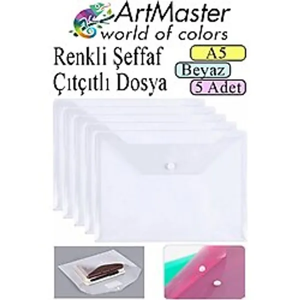 Artmaster Beyaz A5 Çıtçıtlı Dosya Şeffaf Renkli Zarf Dosya 5 Adet 17x22 cm Çıt Çıtlı Dosya Su Geçirmez 50 Yapr