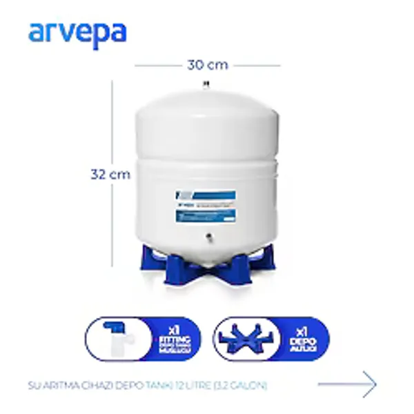 Arvepa Su Arıtma Cihazı 12 Litre (3.2 Galon) Çelik Depo Tankı - Uzun Ömürlü (Vana ve Altlık Dahil)