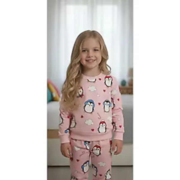 Arya Nisa Kids KIZ ÇOCUK PENGUEN BASKILI YENİ YIL YILBAŞI DESENLİ%100 PAMUK ŞARDONLU PİJAMA TAKIMI Pembe 3-4 Yaş
