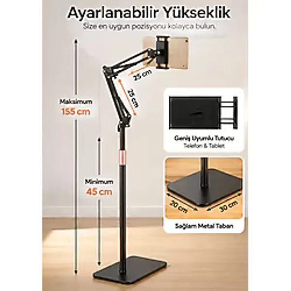 Asfal 155 Cm Metal Ayaklı Telefon Ve Tablet Tutucu Katlanabilir Döner Başlıklı Tablet Standı